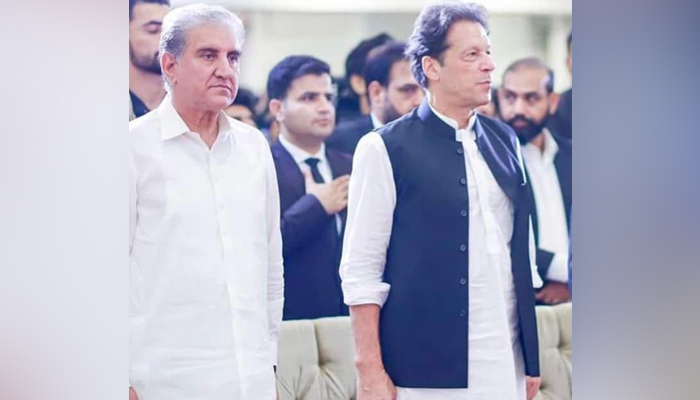 This picture released on September 14, 2023, shows Vice Chairman PTI Shah Mehmood Qureshi (left) and Chairman PTI Imran Khan during a public ceremony. — Facebook/Shah Mahmood Qureshi