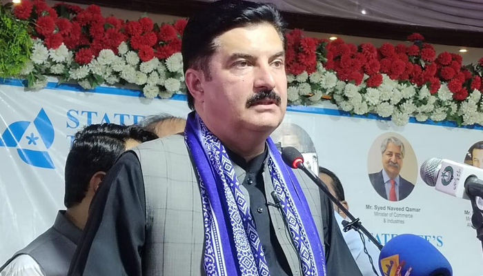 This photograph posted on August 8, 2023 shows the Central Information Secretary of Pakistan Peoples Party Faisal Karim Kundi speaking at a public gathering in Dera Ismail Khan. — Facebook/Faisal Karim Kundi