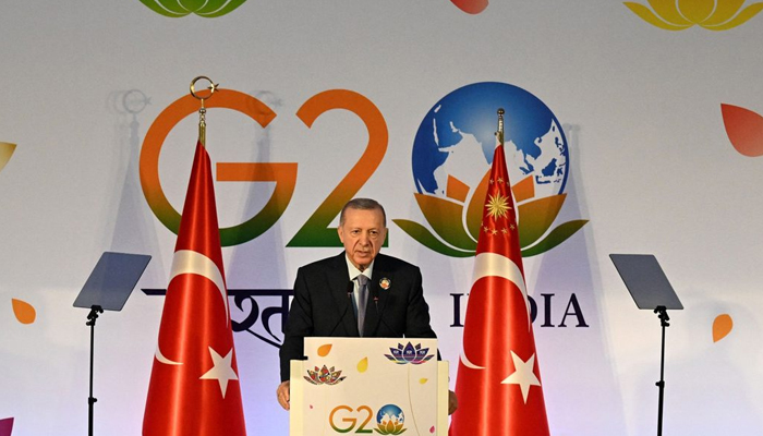 President Recep Tayyip Erdoğan speaks during a news conference after attending the G-20 summit, in New Delhi, India, September 10, 2023. — AFP