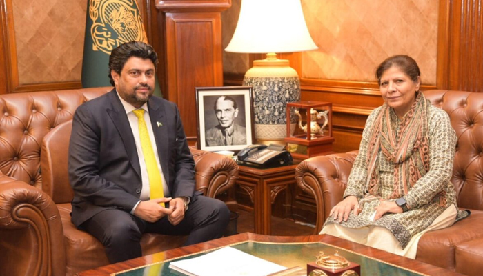 This picture released on September 24, 2023, shows Sindh Governor Mohammed Kamran Khan Tessori meeting with Caretaker Federal Minister for Finance, Revenue and Economic Affairs Shamshad Akhtar in Karachi. — X/@APP