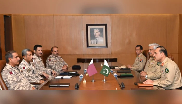 Chief of Staff of Qatar Armed Forces Lieutenant General (Pilot) Salem Hamad Eqail Al-Nabet accompanied by a delegation (left) meets COAS General Asim Munir (first right) at the GHQ Rawalpindi on October 12, 2023. — ISPR