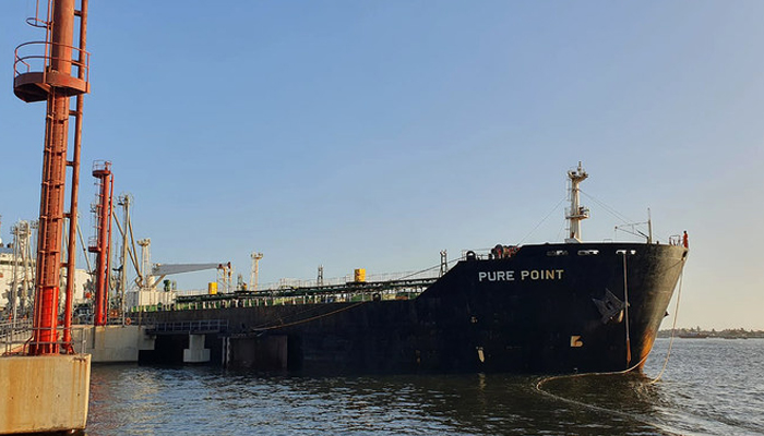 This photograph, taken by Karachi Port Trust on June 11, 2023, shows a Russian ship, Pure Point, anchored at the Karachi port, carrying 45,000 metric tons of crude oil. — KPT