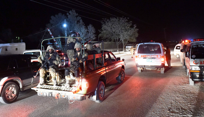 Pakistani Army soldiers arrive at the Balochistan Police Training College in Quetta. — AFP/File