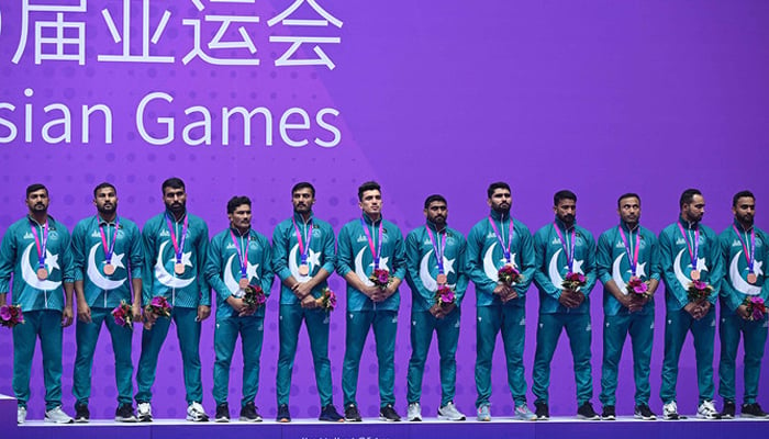 Bronze medallists, Pakistan stand on the podium during the award ceremony of the men’s team kabaddi event during the 2022 Asian Games in Hangzhou in Chinas eastern Zhejiang province on October 7, 2023. — AFP