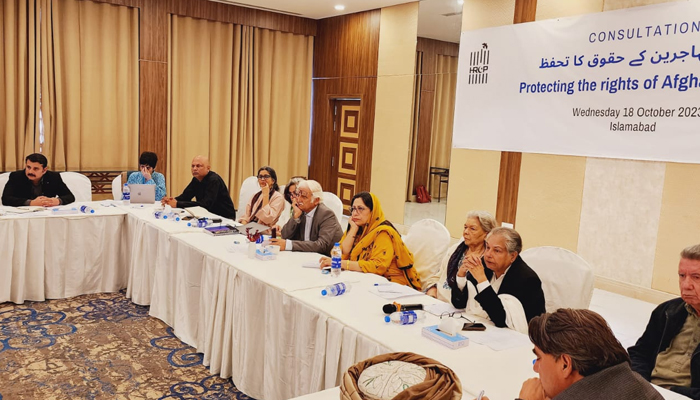 Participants can be seen Human Rights Commission of Pakistan (HRCP) consultation session in Islamabad with chairperson Hina Jilani (c) can be seen on October 18, 2023. — Facebook/Human Rights Commission of Pakistan