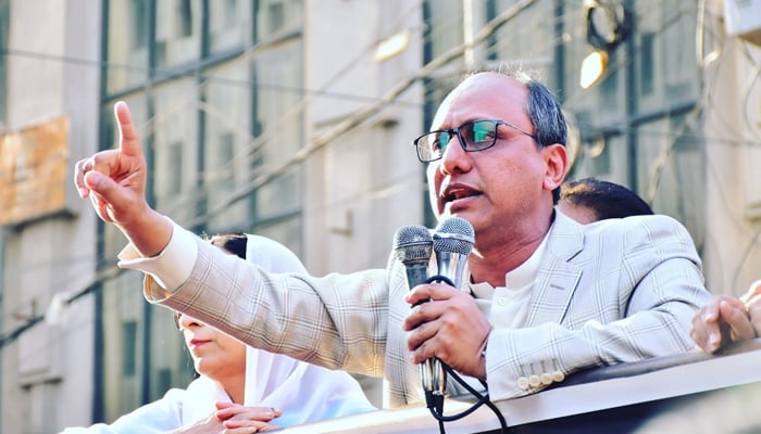 Karachi Pakistan Peoples Party (PPP) President Saeed Ghani while speaking with the people in Karachi in this picture released on October 16, 2023. — Facebook/Saeed Ghani