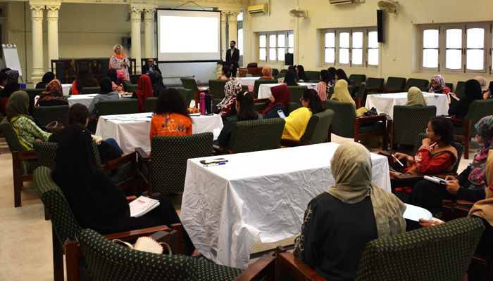 Participants can be seen listening to a speaker during a one-day workshop dedicated to Service and product Design in the Women Research and Resource Centre (WRRC) at Fatima Jinnah Womens University (FJWU) in Rawalpindi on October 20, 2023. — Facebook/Fjwu_Official