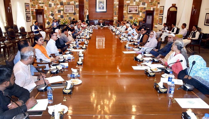 Sindh caretaker chief minister Justice (retd) Maqbool Baqar while chairing a meeting in the presence of the delegation of PILER led by its Executive Director Karamat Ali at the CM House Karachi on October 22, 2023. — Instagram/@sindhcmhouse