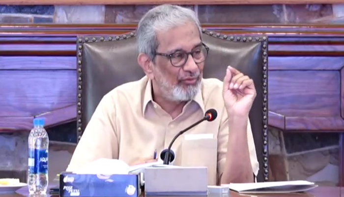 Sindh Caretaker Chief Minister Justice (retd) Maqbool Baqar during a meeting in CM House Karachi in this still taken from a video released on October 21, 2023. — Facebook/Sindh Chief Minister House