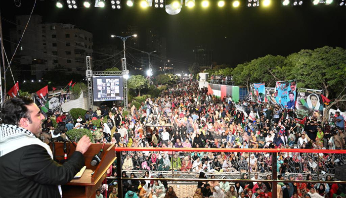 Pakistan People’s Party workers during a party rally listening to Bilawal Bhutto-Zardari on October 18, 2023. — Facebook/Pakistan People’s Party