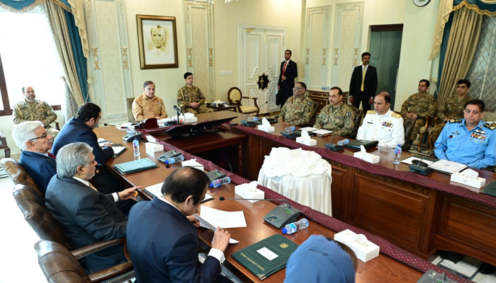 The then-PM Shehbaz Sharif chaired the National Security Committee meeting with COAS Asim Munir and other civil-military officials in attendance in Islamabad. — PID/File