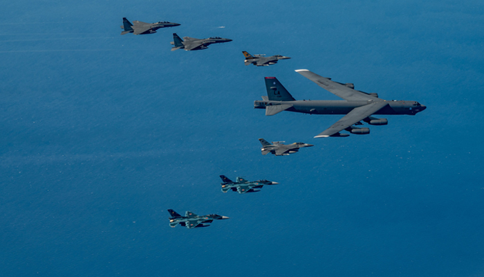 Japan Air-Self Defence Force. Pacific Air Force and Republic of South Korea Air Force escort a B-52 bomber over the Indo-Pacific during a trilateral drill on October 22, 2023. — X/@INDOPACOM