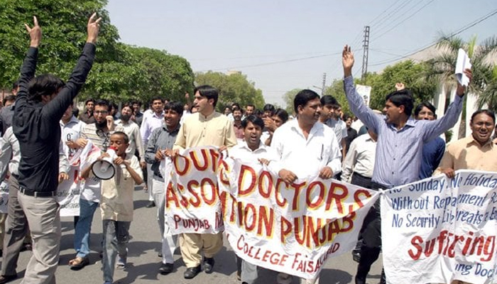 A representational image showing a protest by doctors in Punjab. — INP/File