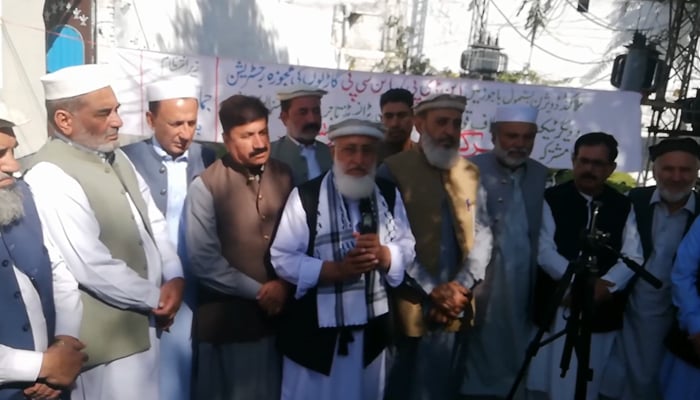 This screengrab taken from a video released on October 25, 2023, shows the Jamaat-e-Islami Bajaur chief Sahibzada Harronur Rashid speaking with the participants at the Press Club. — Facebook/Jamaat-e- Islami District Bajaur