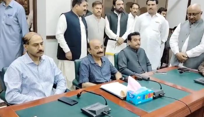 Sindh Caretaker Local Government Minister Muhammad Mubeen Jumani (c) chairing a meeting at the Shahbaz Building in Hyderabad in this still taken from a video released on October 26, 2023. — Facebook/Muhammad Mubeen Jumani