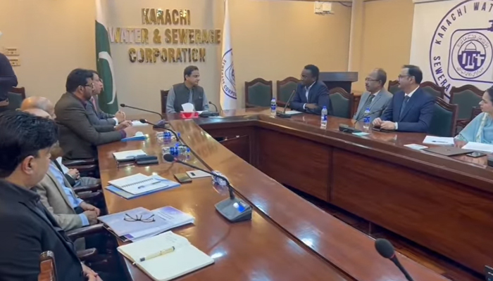 This still taken from a video released on October 25, 2023, shows Mayor Karachi Barrister Murtaza Wahab (c) listens during a meeting convened by him and Karachi Water and Sewerage Corporation with a delegation from the World Bank at the Chairman Secretariat in Karachi. — Facebook/KMC