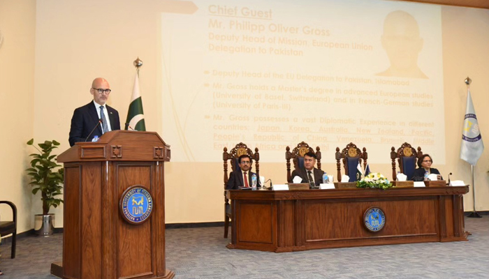 Philipp Oliver Gross Deputy Head of Mission, EU Delegation to Pakistan speaks with the audience during an International Conference on the EU as Model for Regional Integration: Lessons for South Asia on October 26, 2023. — Facebook/NUML