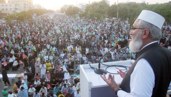 Pakistan Jamaat-i-Islami Emir Sirajul Haq addresses at Shahra-e-Qaideen in Provincial Capital on June 11, 2023. ONLINE