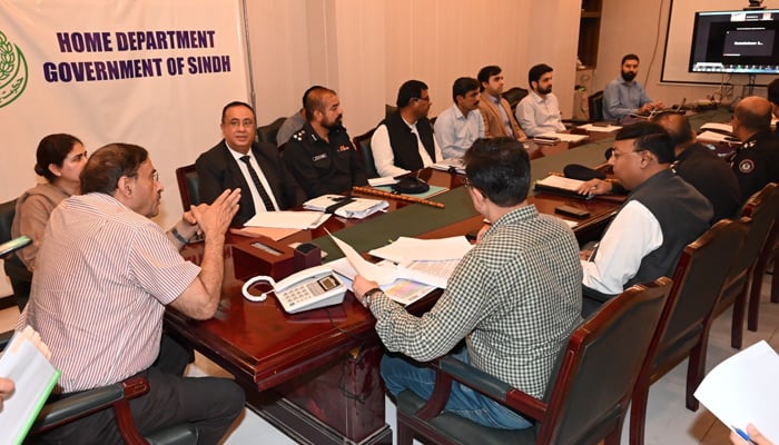 Sindh’s caretaker home minister Brigadier (retd) Haris Nawaz while chairing a meeting in his office about the repatriation plan for foreign nationals in this picture released on October 28, 2023. — X/@faisalfarooqi