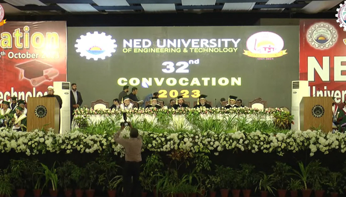 A screengrab shows a grand ceremony marking NED Universitys 2023 Convocation in Karachi on October 28, 2023. — YouTube/NED University of Engineering and Technology