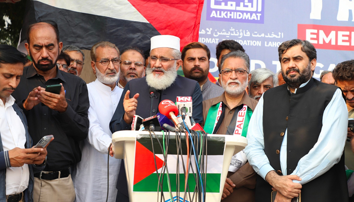 Jamaat-e-Islami ameer Sirajul Haq while speaking at the Gaza Relief Camp in Liberty Chowk on October 28, 2023. — Facebook/Siraj ul Haq