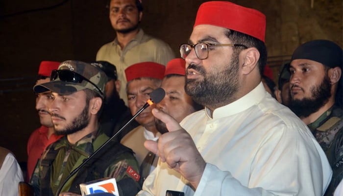 Awami National Party (ANP) provincial president Aimal Wali Khan while speaking in a party rally in this picture released on October 19, 2023. — Facebook/Awami National Party