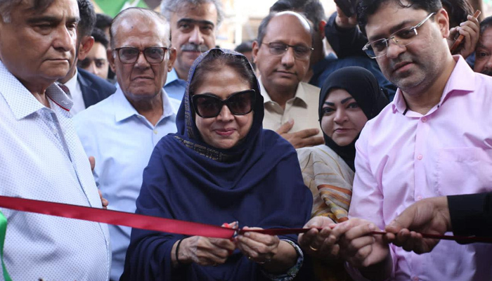 Faryal Talpur, the central president of PPP womens wing while cutting a ribbon on the occasion of party office inauguration in District Central of Karachi on October 29, 2023. — Facebook/PPP