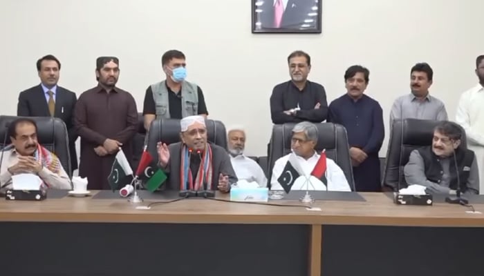 Pakistan People’s Party Parliamentarians (PPPP) President Asif Ali Zardari speaks as he meets with the party workers at Zardari House in Nawabshah in this still taken from a video released on October 29, 2023. — Facebook/Pakistan Peoples Party - PPP