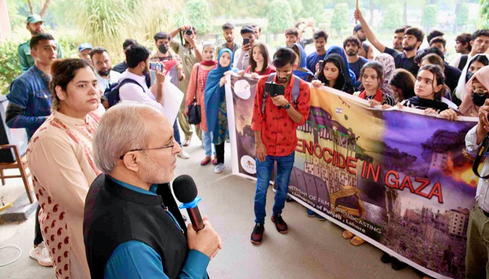 PU VC Dr Khalid Mahmood while addressing a rally organised by the PU Department of Film and Broadcasting Studies against Israeli brutality on October 30, 2023. — Facebook/University of the Punjab