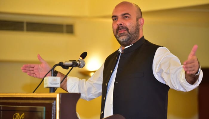 Khyber Pakhtunkhwa’s former health minister Taimur Saleem Jhagra gestures as he speaks during an event in this picture released on August 27, 2203. — Facebook/Taimur Khan Jhagra