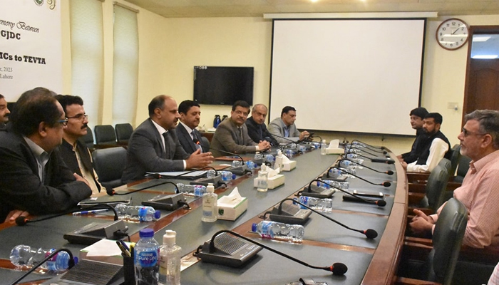 Officials during a meeting regarding the handover of Pakistan Gems and Jewellery Development Company to the Technical Education and Vocational Training Authority on October 31, 2023. — Facebook/TEVTA Punjab