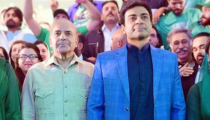 Former prime minister Shehbaz Sharif (L) and his son former chief minister Punjab Hamza Shehbaz can be seen in this photograph released on October 19, 2023. — Facebook/Hamza Shahbaz Sharif