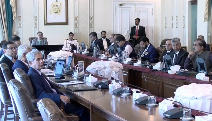 This still taken from a video released on October 30, 2023, shows caretaker PM Anwar-ul-Haq Kakar chairing a cabinet meeting in Islamabad. — Facebook/@PakPMO