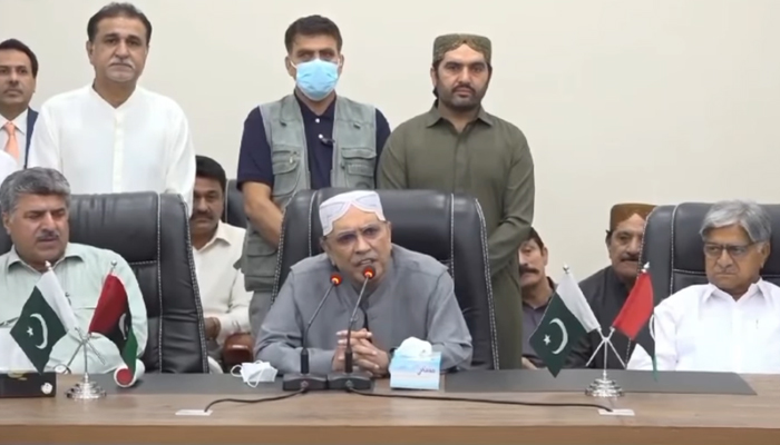 President Pakistan People’s Party (PPP) Asif Ali Zardari while speaking with the notables and leaders at Zardari House in Nawabshah in this still on October 31, 2023. — Facebook/Pakistan Peoples Party - PPP