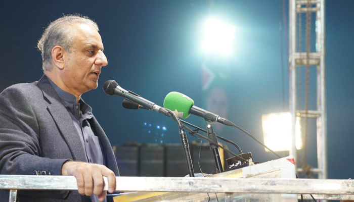 Istehkam-e-Pakistan Party President Abdul Aleem Khan while speaking at a party rally in this image released on October 28, 2023. — Facebook/Abdul Aleem Khan