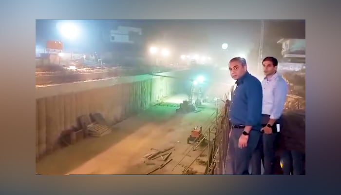 Chief Minister Mohsin Naqvi visits the Khalid Butt Chowk underpass project on November 1, 2023, in this still. — Facebook/Govt of Punjab