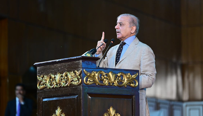 Former premier and PML-N President Shehbaz Sharif while speaking in an event in this image released on August 9, 2023. — Facebook/Mian Shehbaz Sharif