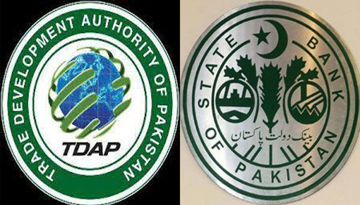 The logos of the  Trade Development Authority of Pakistan (TDAP) and the State Bank of Pakistan (SBP). — TDAP/SBP