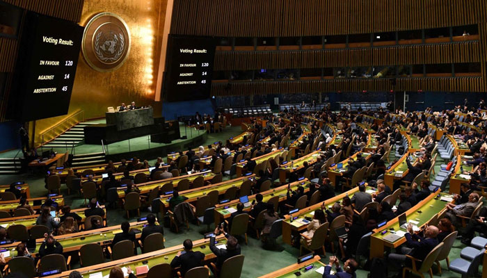 The UN General Assembly votes for an immediate humanitarian truce in Gaza. — AFP