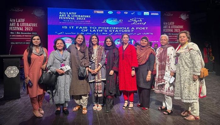 The image shows the some of the participants at the 4th Latif Art and Literature Festival 2023, organised by the Arts Council of Pakistan’s Karachi chapter in collaboration with Siraj Institute of Sindh Studies. — Facebook/Marvi Mazhar