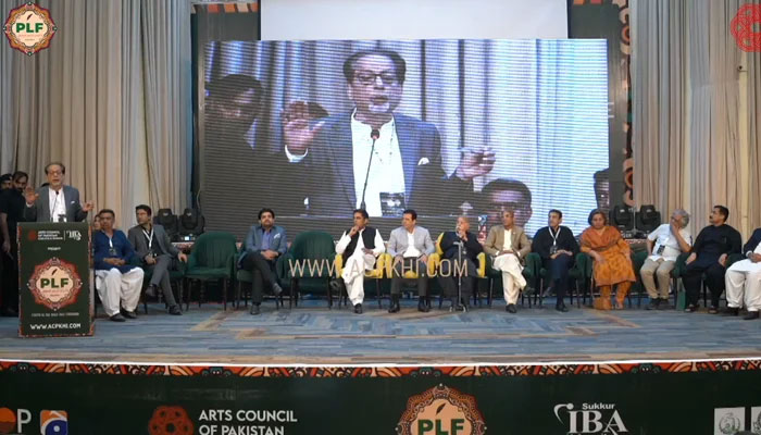 Arts Council President Muhammad Ahmad Shah can be seen addressing a closing ceremony of the two-day Pakistan Literature Festival 2023 Sukkur on October 29, 2023, in this still. — Facebook/Arts Council of Pakistan Karachi