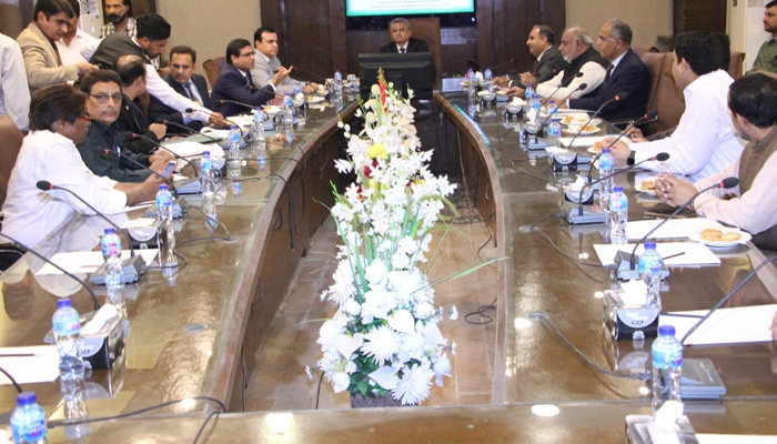 Caretaker Revenue, Commerce and Industries Minister Muhammad Younus Dagha chairs a meeting in this image released on September 27, 2023. — Facebook/Sindh Government