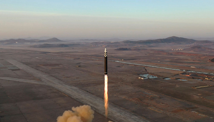 This picture on March 17, 2023, shows the launch of a Hwasong-17 ICBM at Pyongyang International Airport. — AFP