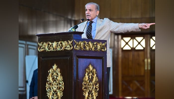 Former prime minister Shehbaz Sharif speaks during a public event on August 9, 2023. — Facebook/Mian Shehbaz Sharif