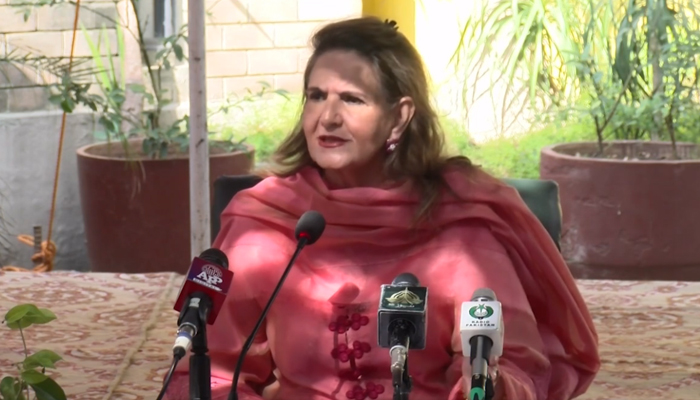 Begum Samina Alvi addresses a breast cancer awareness seminar, at Behbud Association of Pakistan, Rawalpindi in this still on November 6, 2023. — Facebook/Samina Alvi