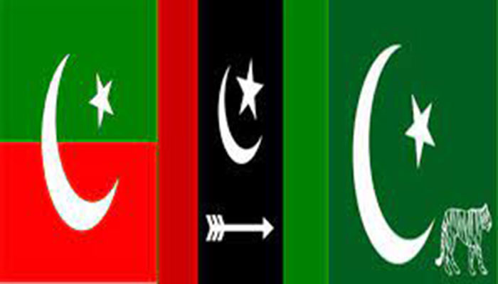 The image shows a collage of the flags of the  PTI, PPP and PML-N, respectively. —The News/File