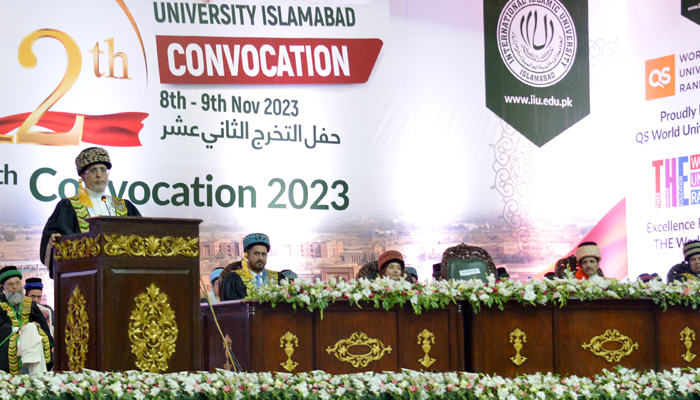 Pro-Chancellor of IIU speaks during the second session of its 12th convocation on November 9, 2023 in Islamabad. — Facebook/International Islamic University, Islamabad (IIUI)