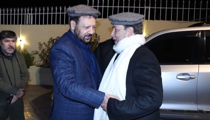 Governor GB Syed Mehdi Shah (R) meets with CM Haji Gulbar Khan during the dinner given by him in honour of the CM on November 9, 2023. Facebook/Information Department Gilgit-Baltistan