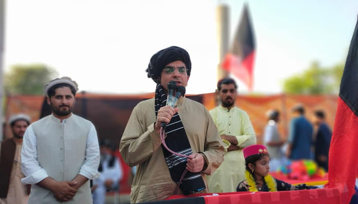 Pashtun Tahafuz Movement leader Mohsin Dawar speaks during a public gathering in this image released on July 1, 2023. — Facebook/Mohsin Dawar