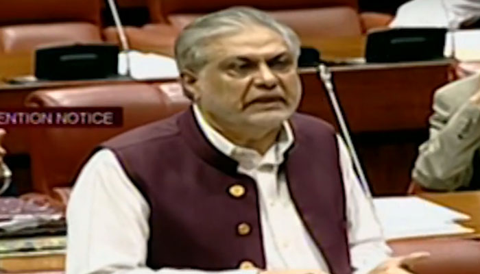 Leader of the House in the Senate Ishaq Dar addresses the Senate on Nov 10, 2023, in this still taken from a video. — YouTube/Geo News Live